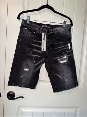 Men's Black Distressed Denim Jean Shorts with White Zip Detail